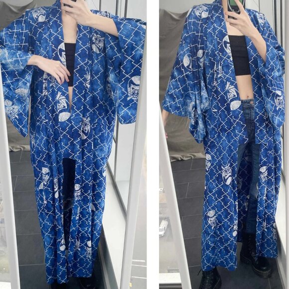 Vintage Daruma Doll Print Kimono: Retro Japanese Cotton Robe - Picture 2 of 7